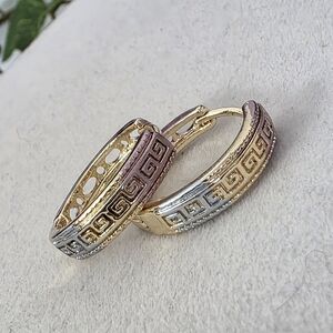 Gold Filled Tricolor Greek Key Huggie Hoop Earrings